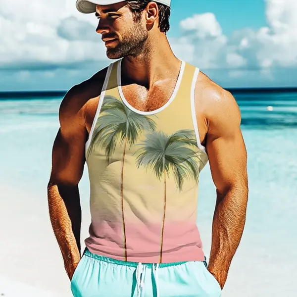 Men's Vintage Tropical Palm Tree Tank Top For Summer Beachwear - Ootdyouth.com 