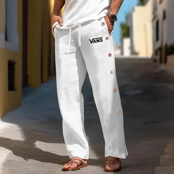 Men's Vintage Surf Linen Off The Wall Beach Pants With Side Buttons Drawstring Waist - Upgradecool.com 