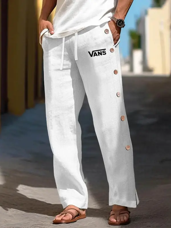 Men's Vintage Surf Linen Off The Wall Beach Pants With Side Buttons Drawstring Waist - Pragmaace.com 