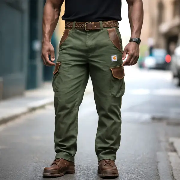 Men's Vintage Surf Army Green Cargo Pants With Leather Patches - Ootdyouth.com 