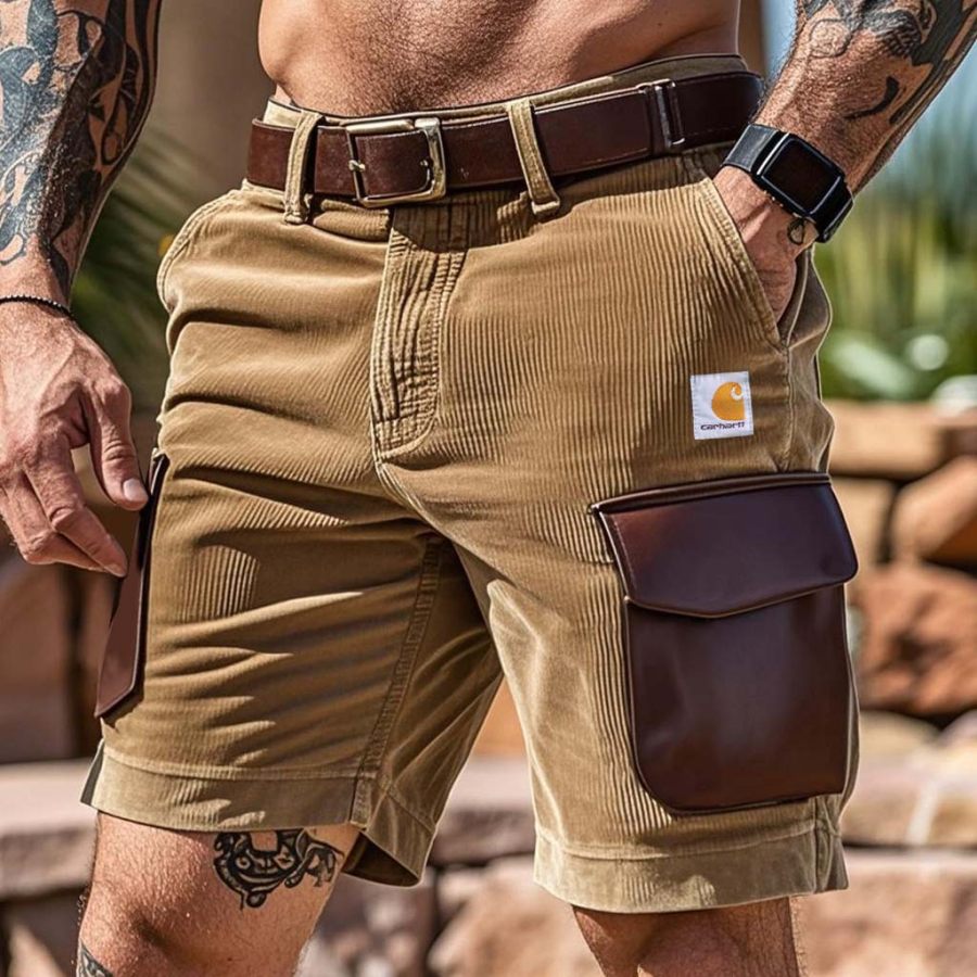 

Men's Vintage Outdoor Corduroy Surf Workwear Cargo Shorts With Leather Pockets
