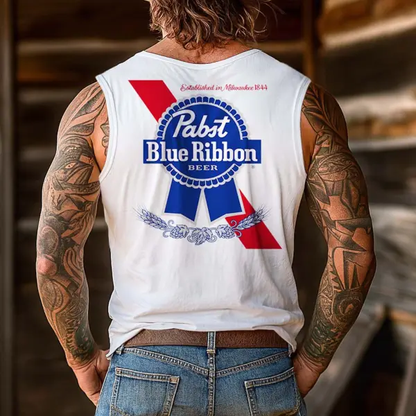 Men's Vintage Western Cowboy Blue Ribbon Surfing Graphic Print Round Neck Sleeveless Muscle Tank Top - Wayrates.com 