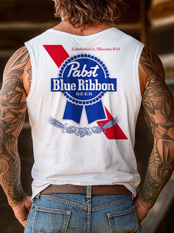 Men's Vintage Western Cowboy Blue Ribbon Surfing Graphic Print Round Neck Sleeveless Muscle Tank Top - Menwyx.com 