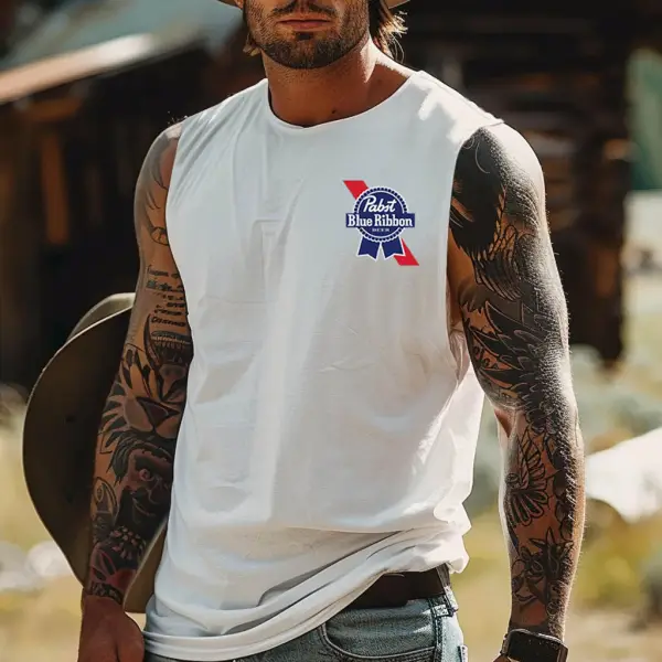 Men's Vintage Western Cowboy Blue Ribbon Surfing Graphic Print Round Neck Sleeveless Muscle Tank Top - Wayrates.com 