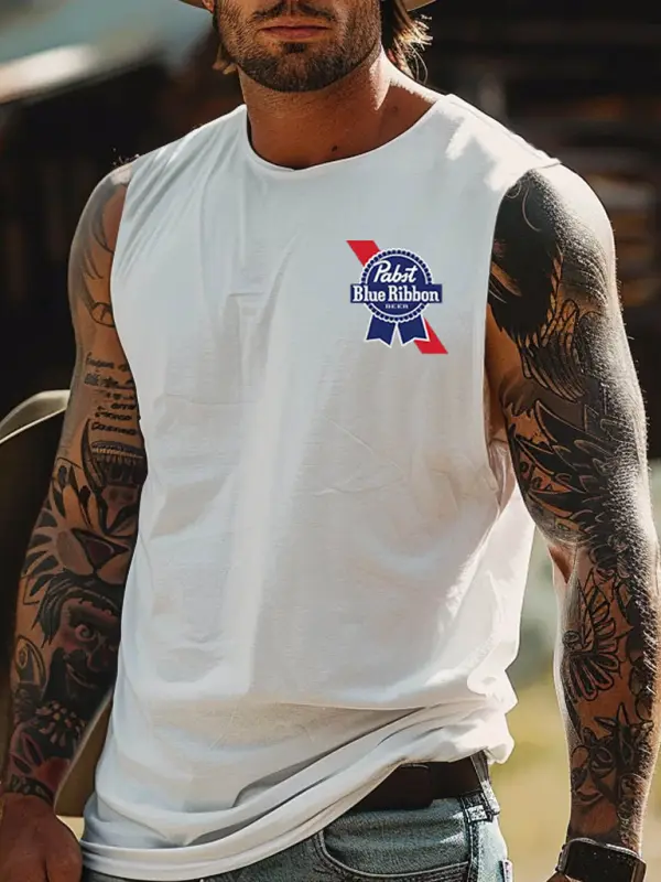 Men's Vintage Western Cowboy Blue Ribbon Surfing Graphic Print Round Neck Sleeveless Muscle Tank Top - Menwyx.com 
