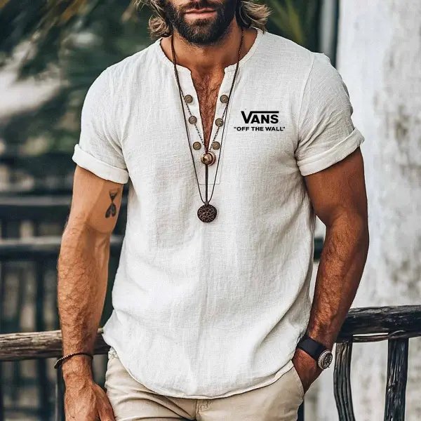 Men's Vintage Surfing Beach Cotton Linen Henley V-Neck Short Sleeve Shirt - Rabclub.com 