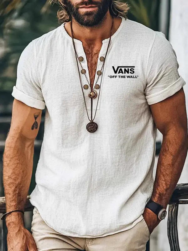 Men's Vintage Surfing Beach Cotton Linen Henley V-Neck Short Sleeve Shirt - Menbarn.com 