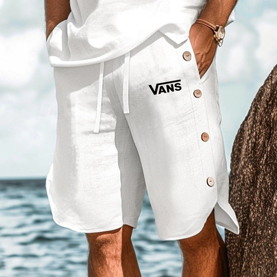 

Men's Vintage Surf Beach White Linen Shorts With Buttons