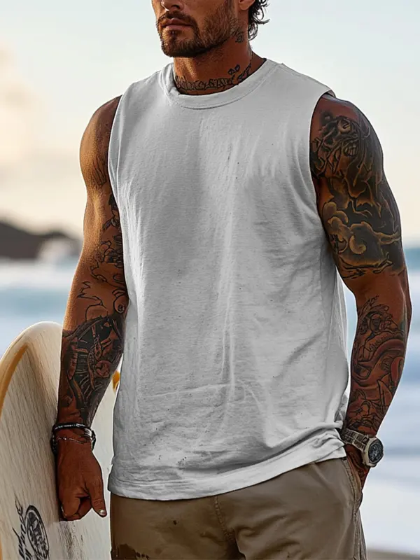 Men's Vintage Surfing Oversized Street Style Solid-color Tank Top - Menbarn.com 
