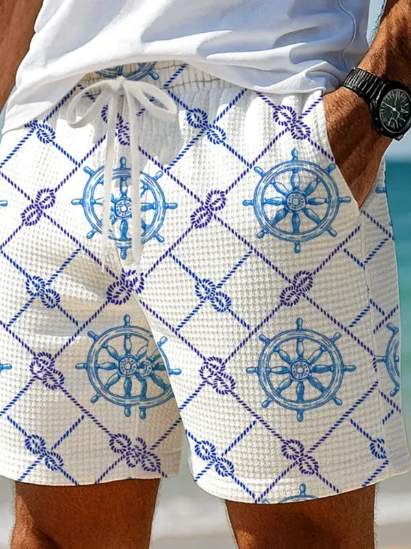 Men's Nautical Blue And White Steering Wheel Pattern Shorts - Wantbright.com 