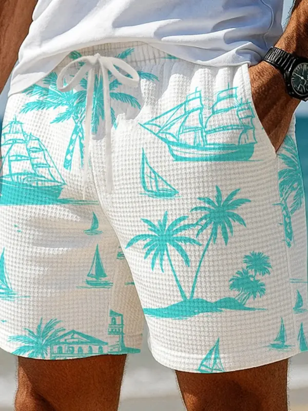 Men's Tropical Sailboat And Palm Tree Print Shorts - Pragmaace.com 