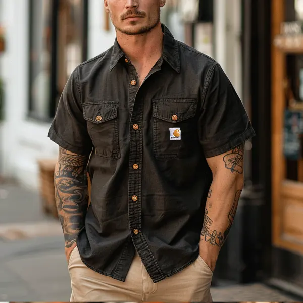 Stylish Short-Sleeve Work Shirt With Chest Pockets And Button-Down Design For Men - Wayrates.com 