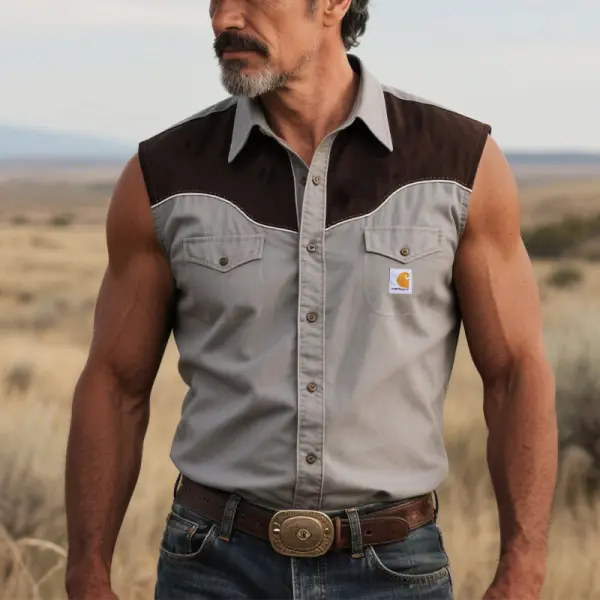 Carhartt Men's Vintage Western Cowboy Pocket Sleeveless Shirt In Gray And Brown - Wayrates.com 