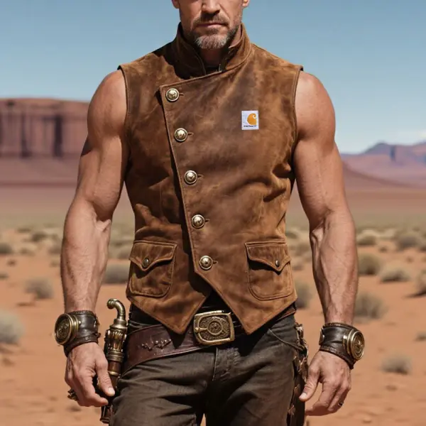 Men's Vintage Western Cowboy Suede Rustic Brown Stand Collar Sleeveless Vest With Functional Style - Wayrates.com 