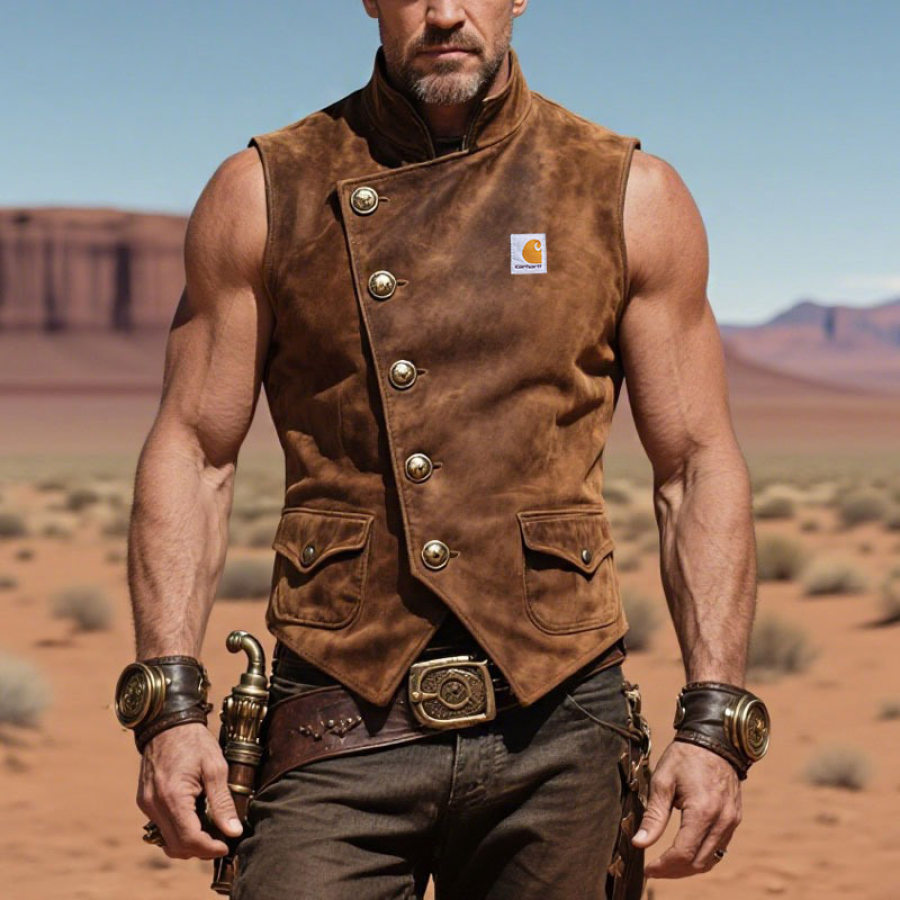 

Men's Vintage Western Cowboy Suede Rustic Brown Stand Collar Sleeveless Vest With Functional Style