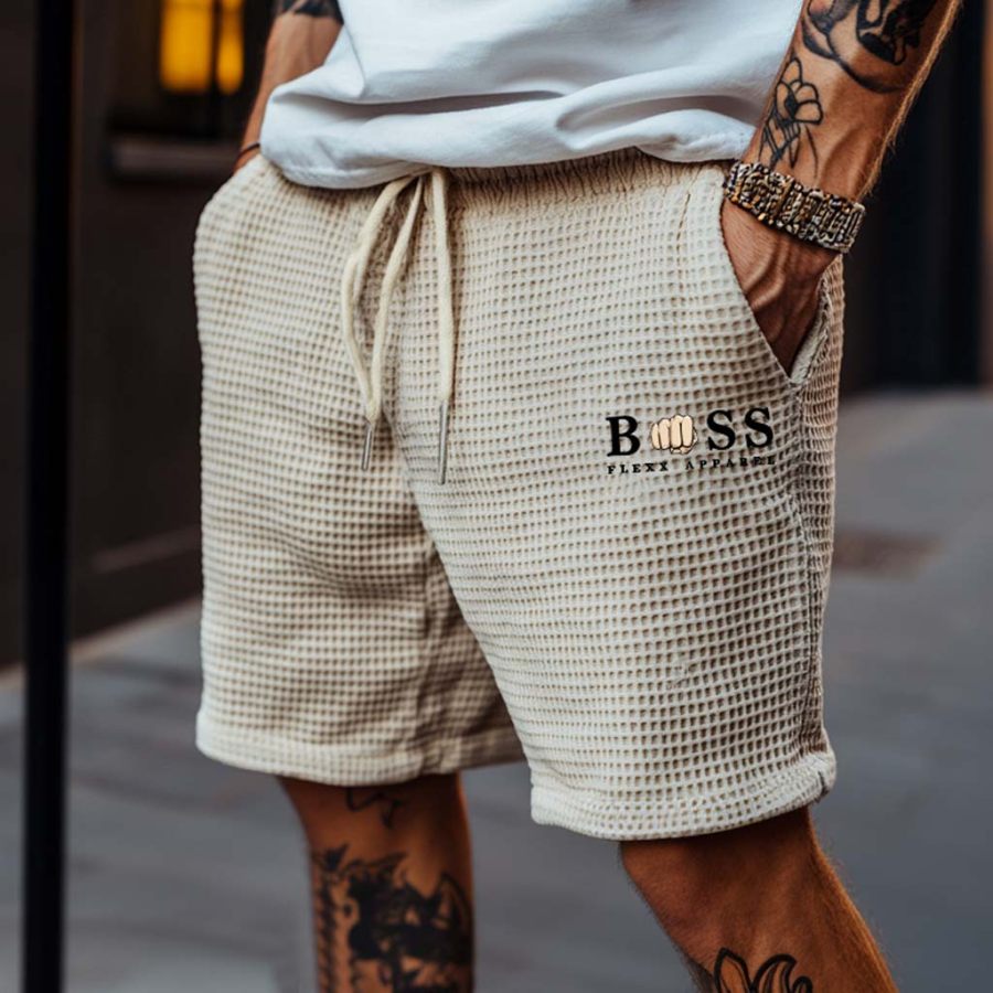 

Men's Vintage Waffle Knit Beige Elastic Drawstring Board Surf Shorts