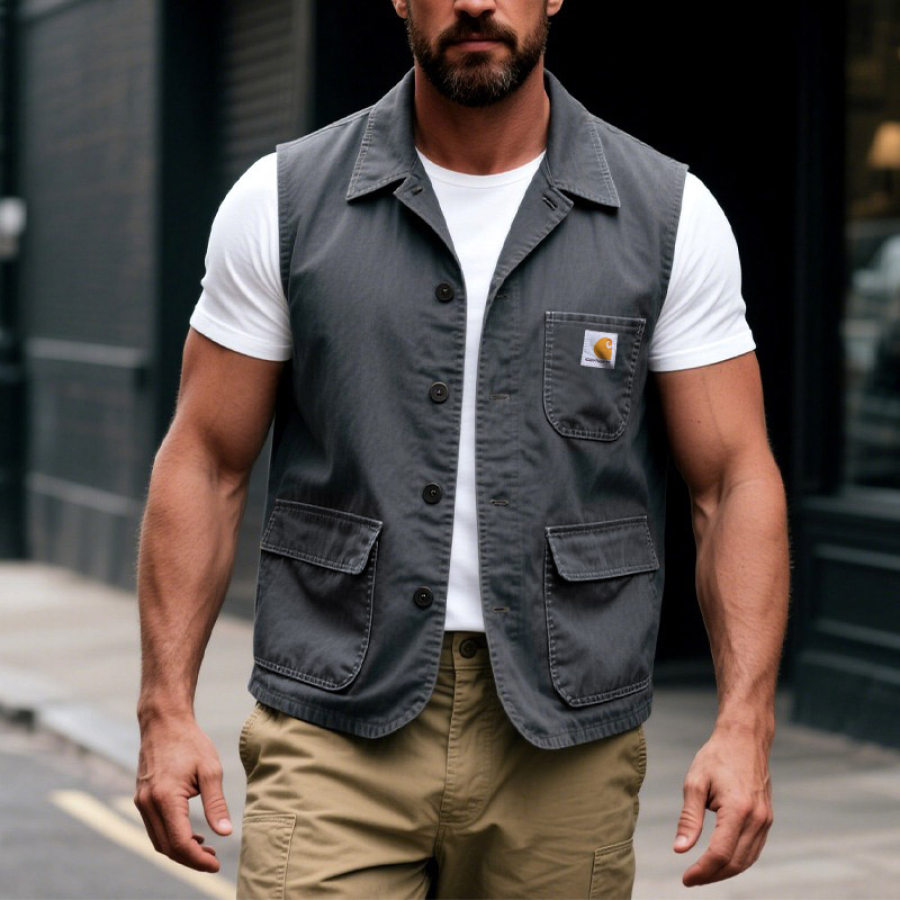 

Carhartt Men's Vintage Multi-Pocket Workwear Lapel Sleeveless Vest Dark Gray