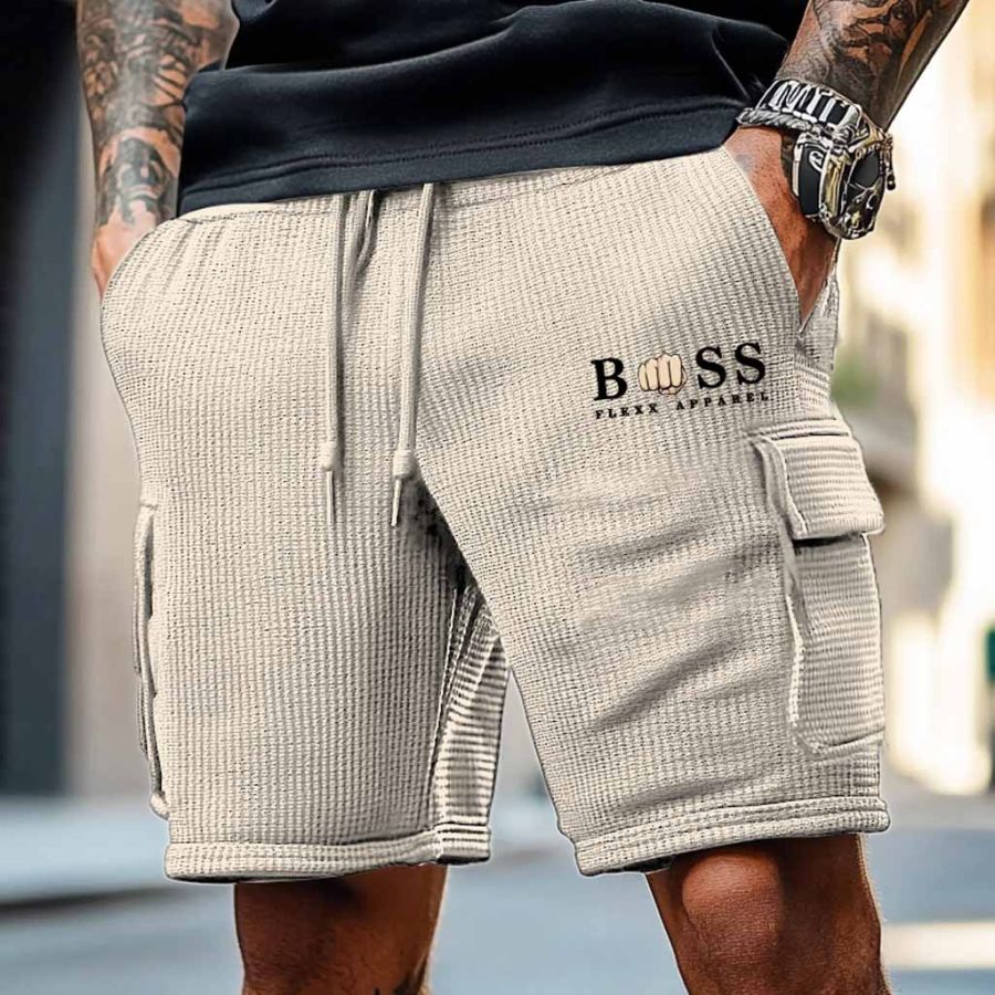 

Men's Vintage Waffle Knit Multi-Pocket Casual Walkshort Workwear Elastic Cargo Shorts
