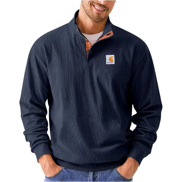 Men's Corduroy Sweatshirts Casual Stand Collar Button Long Sleeve Henley Pullover Sweater With Elbow Patches - Wayrates.com 