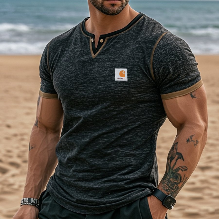 

Men's Casual Henley V Neck T-Shirt For Beachwear