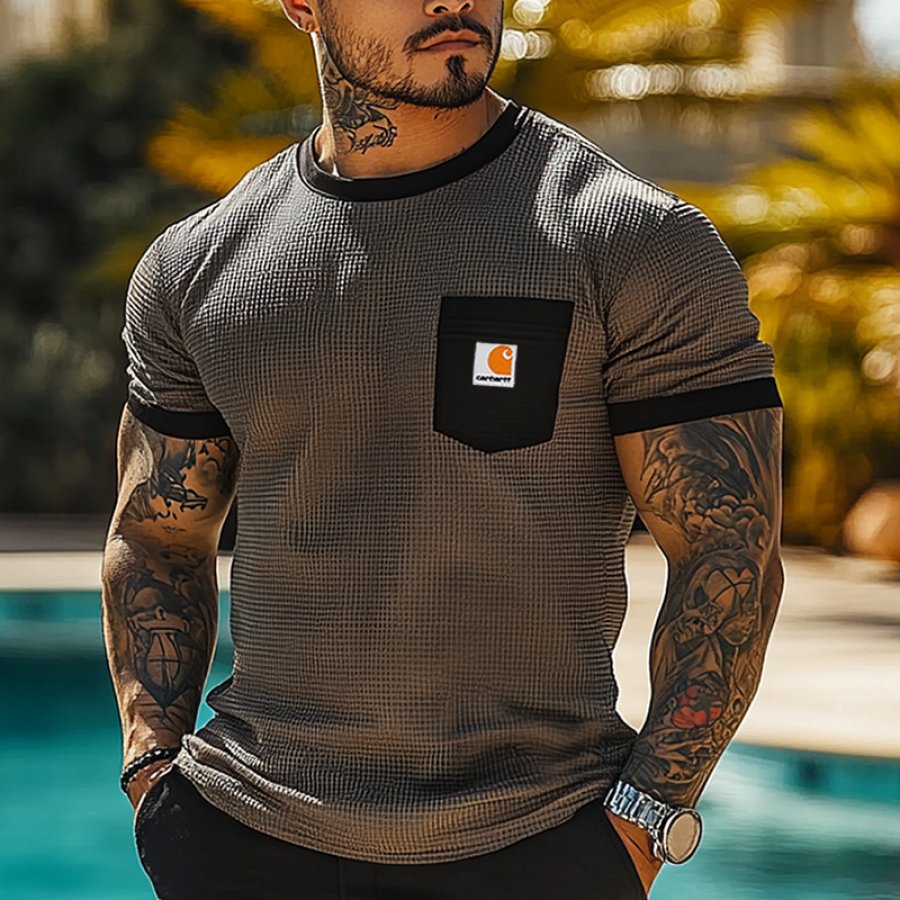 

Men's Casual Waffle Checkered Pocket T-Shirt With Black Trim