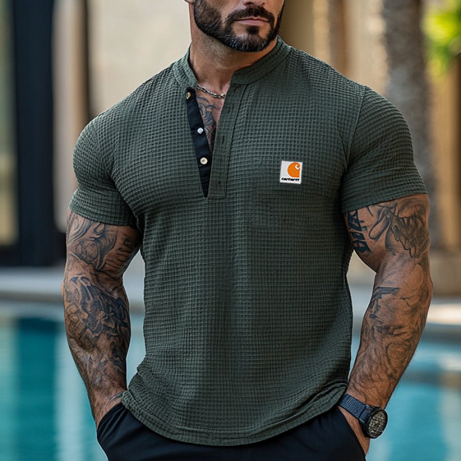 

Men's Casual Waffle Color Block Henley T-Shirt Military Green