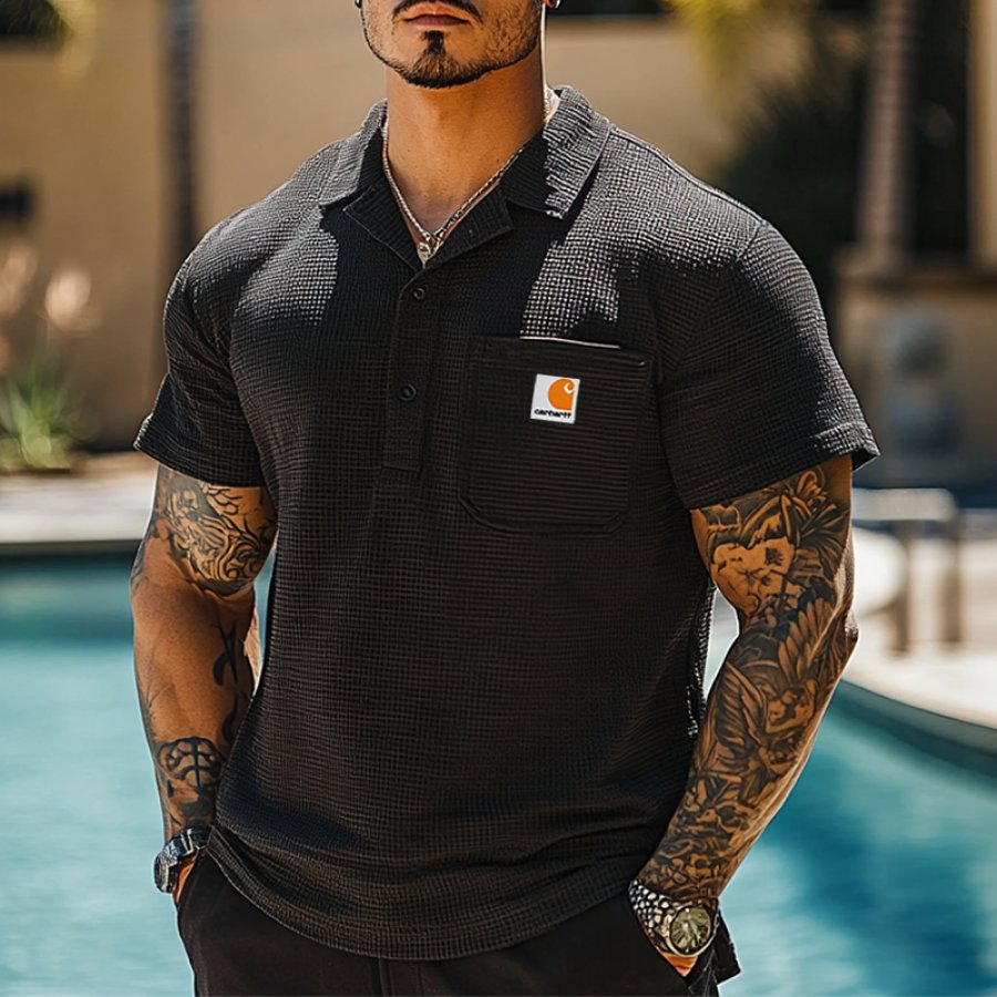 

Men's Casual Waffle Stylish Polo Shirt With Pocket Black