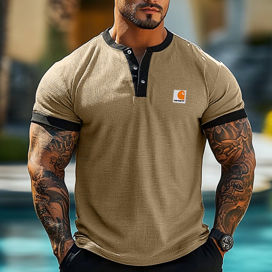 

Men's Casual Henley Waffle T-Shirt With Contrast Black Trim