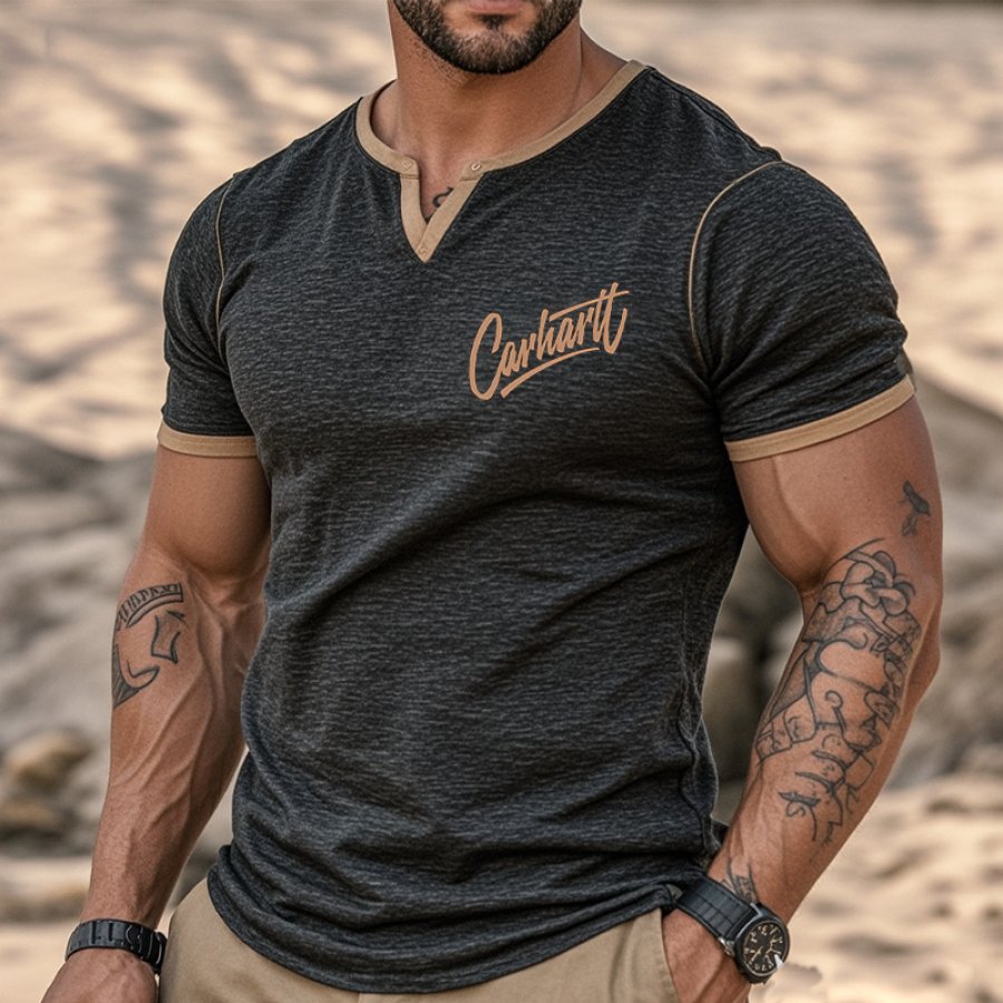 

Men's Vintage Graphic Print Color Block V Neck T Shirt Black