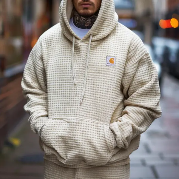 Men's Vintage Waffle Knit Beige Pocket Long Sleeve Hoodie - Wayrates.com 