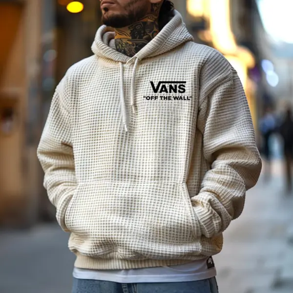Men's Vintage Waffle Knit Off The Wall Print Pocket Long Sleeve Hoodie - Wayrates.com 