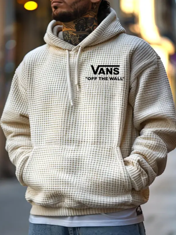 Vans Men's Vintage Waffle Knit Off The Wall Print Pocket Long Sleeve Hoodie - Menwyx.com 