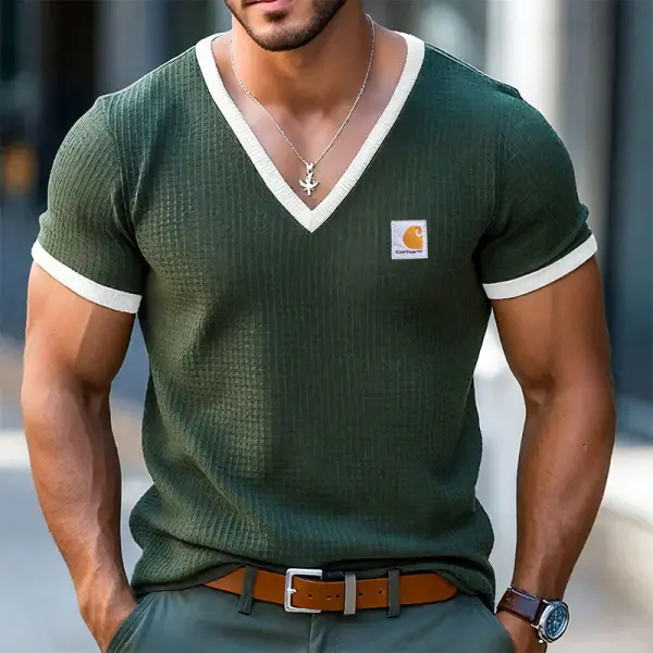 Men's Vintage Army Green Waffle Knit V-neck T-Shirt With White Trim - Wayrates.com 