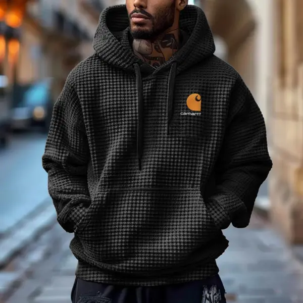 Men's Vintage Embroidered Black Waffle Knit Pocket Long Sleeve Oversized Hoodie - Trissla.com 
