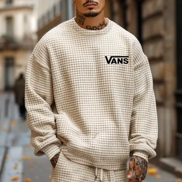 Men's Vintage Beige Waffle Knit Long Sleeve Sweatshirt - Wayrates.com 