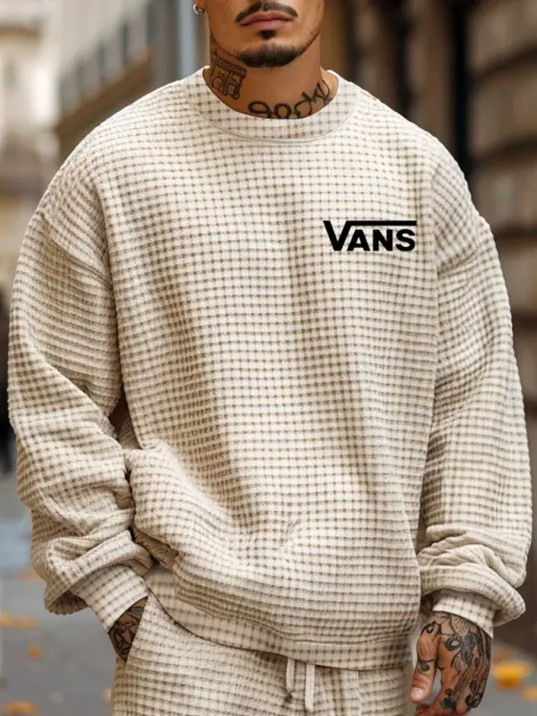 Vans Men's Vintage Beige Waffle Knit Long Sleeve Sweatshirt - Menwyx.com 