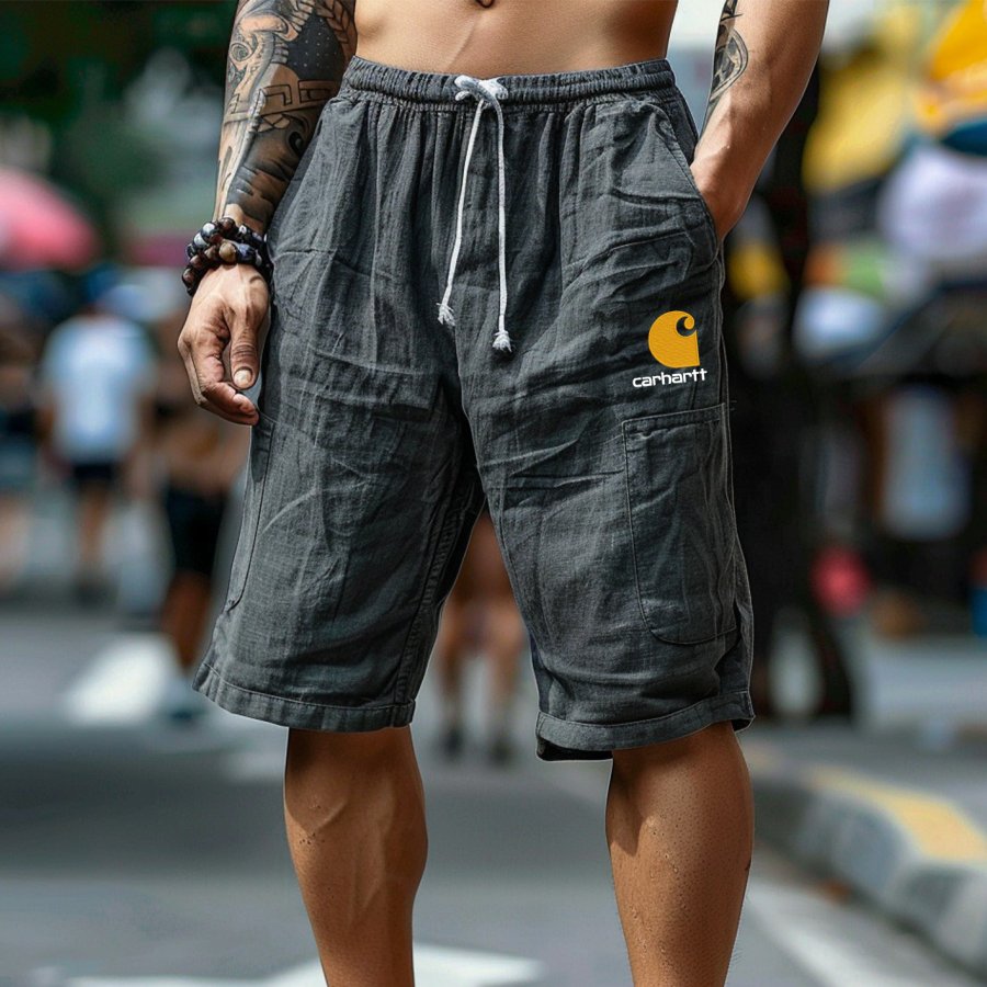 

Men's Vintage Gray Cargo Shorts With Drawstring Waist