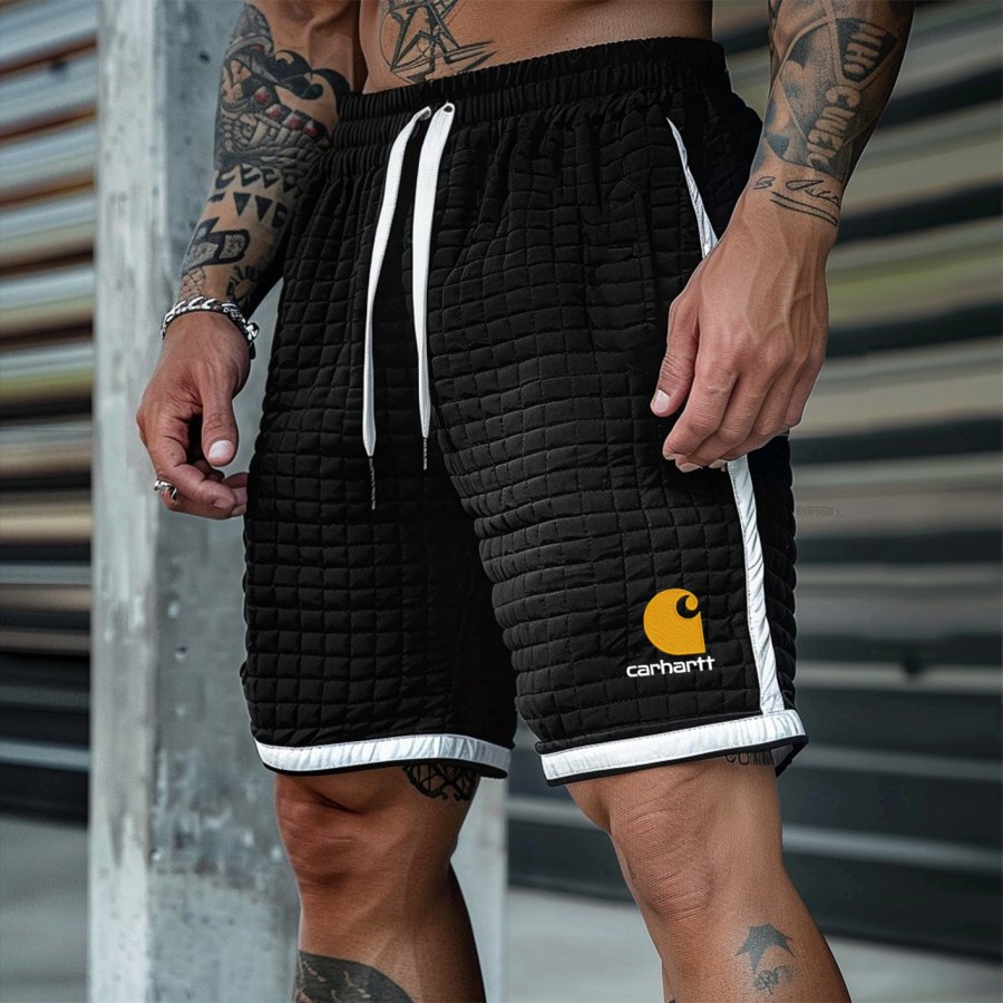 

Men's Vintage Quilted Black Shorts With Logo Detail