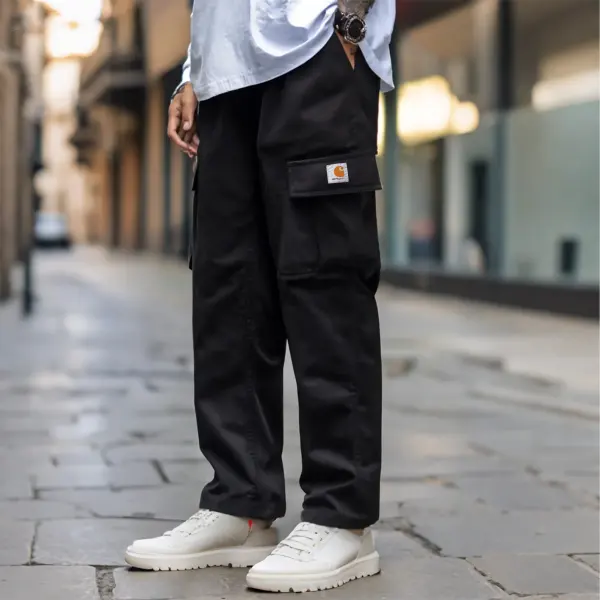 Men's Vintage Black Cargo Pants With Patch And White Sneakers - Wayrates.com 