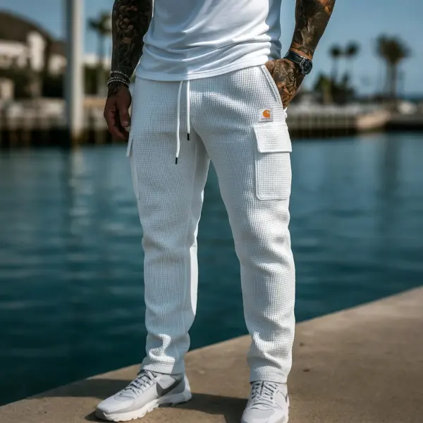 Men's Vintage White Waffle Cargo Pants With Side Pockets - Wayrates.com 