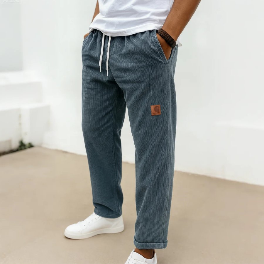 

Men's Vintage Gray Corduroy Tapered Pants With Drawstring Waist