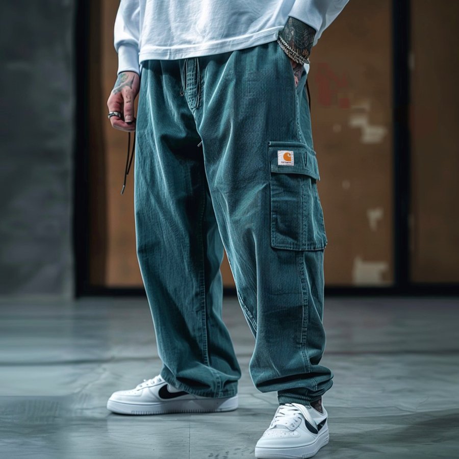 

Men's Vintage Dark Green Corduroy Cargo Pants With Side Pockets