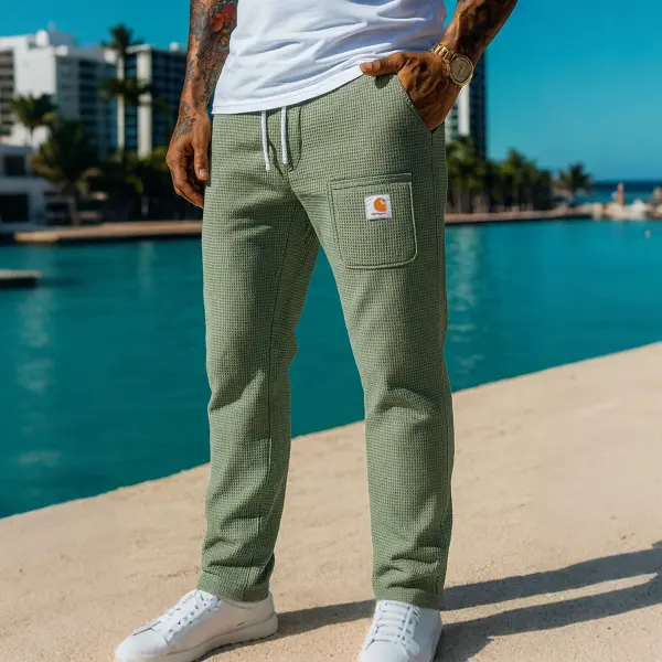 Men's Vintage Green Waffle Knit Joggers With Side Pockets - Wayrates.com 