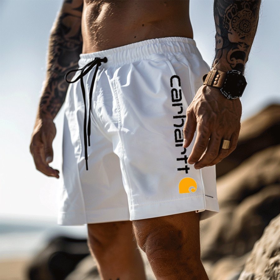

Men's Stylish Swim Shorts With Vertical Logo And Adjustable Drawstring