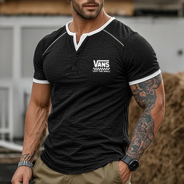 Men's Casual Graphic Print Off The Wall Henley Color Block T-Shirt - Cotosen.chimpone.com 