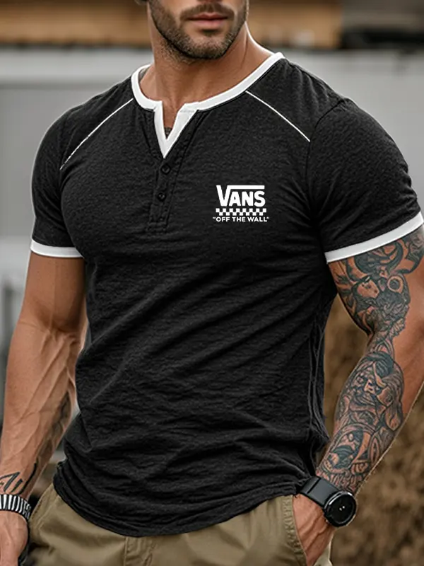 Men's Casual Graphic Print Off The Wall Henley Color Block T-Shirt - Menwyx.com 