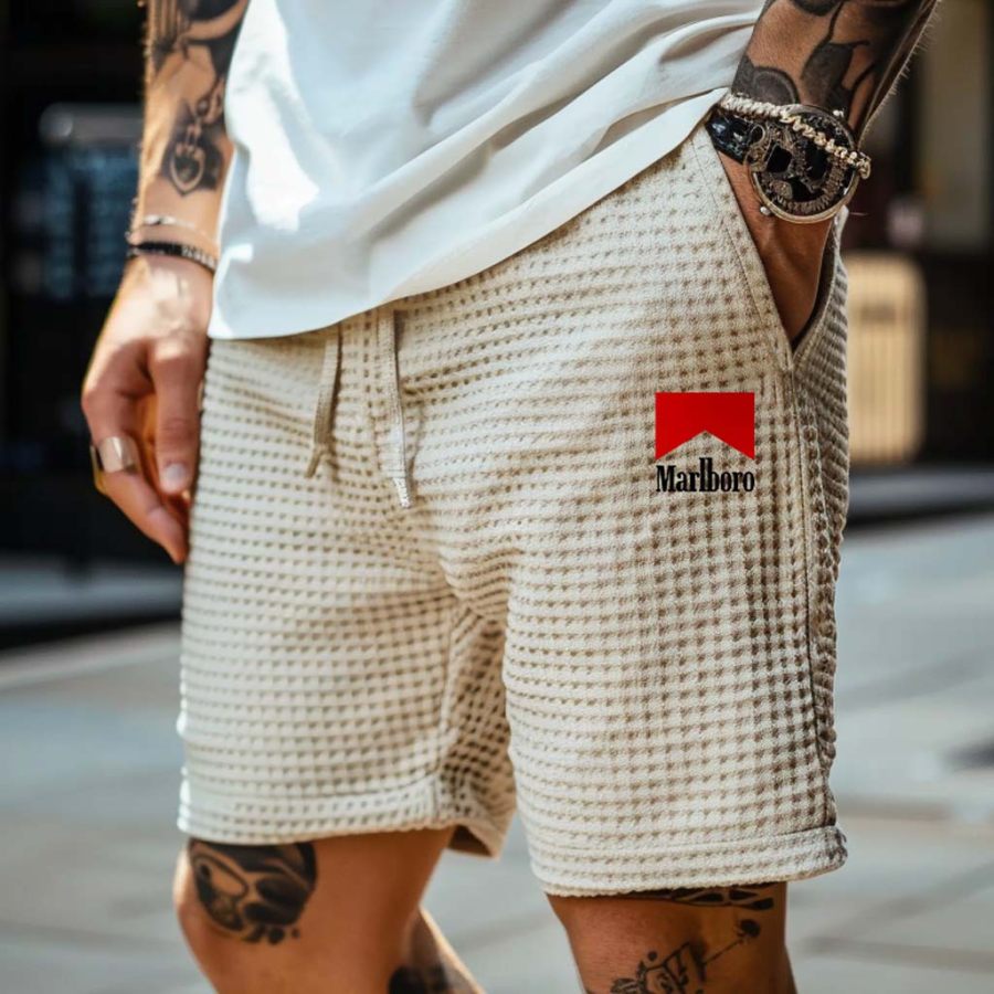 

Men's Vintage Waffle Knit Western Cowboy Elastic Drawstring Shorts