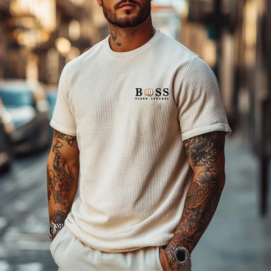 Men's Vintage Beige Waffle Knit Business Print Short Sleeve Round Neck T-Shirt