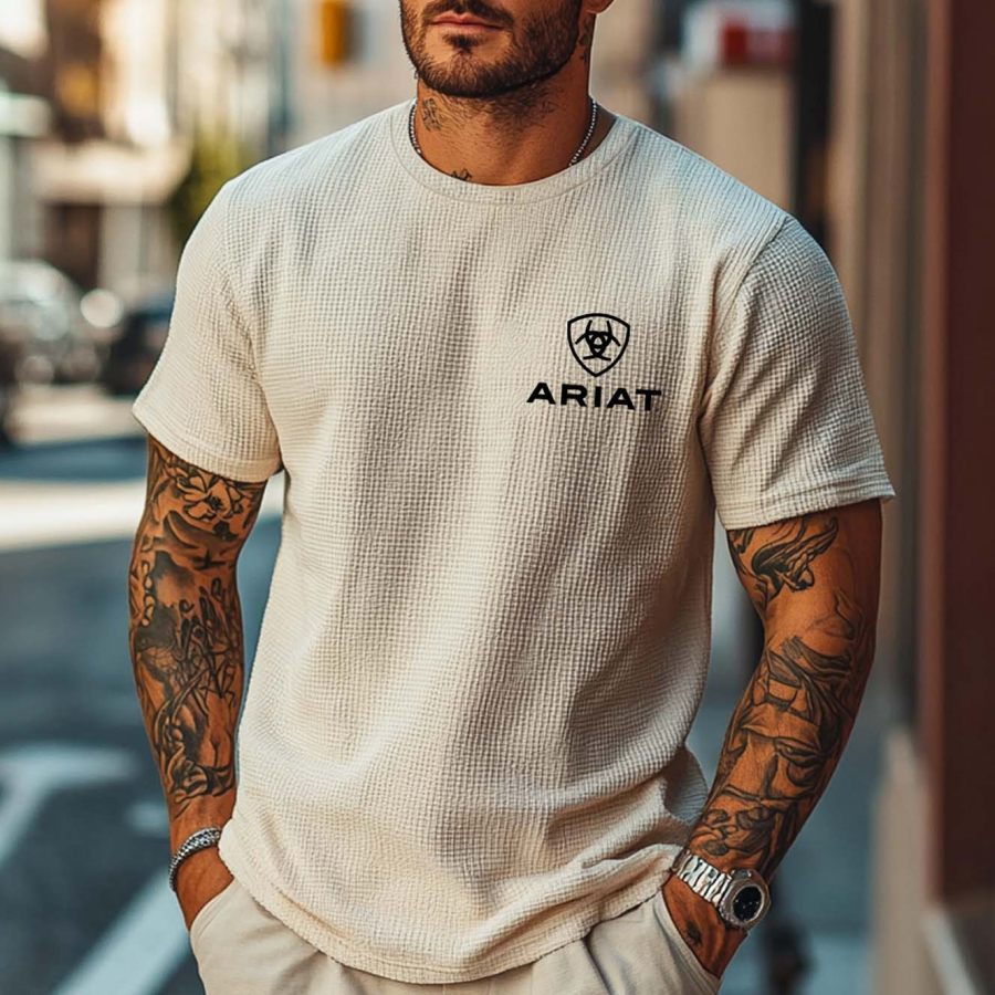 

Men's Vintage Beige Waffle Knit Western Cowboy Print Short Sleeve Round Neck T-Shirt
