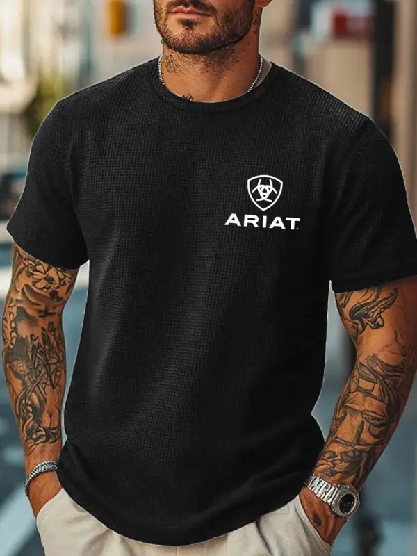 Men's Vintage Beige Waffle Knit Western Cowboy Print Short Sleeve Round Neck T-Shirt - Simplyion.com 